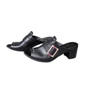 39 Ateliers Black Leather Studded Slip on Sandals Mules